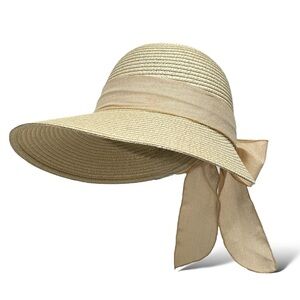 Wide Brim Straw Sun Hat with Ribbon Tie - Cream